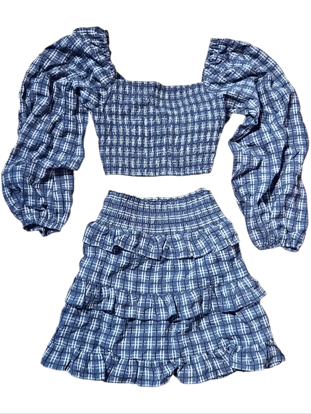 ILLA ILLA Anthropologie Chambray Plaid Two Piece Crop Top Ruffle Skirt Set NWOT